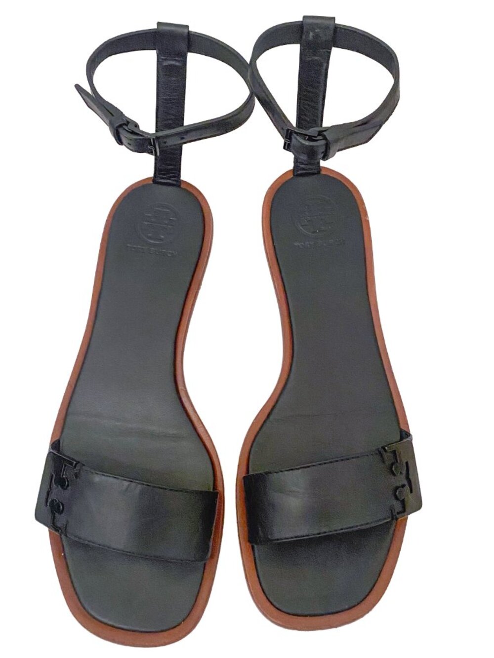 TORY BURCH Gabrielle Black Flat Sandals with Ankle Strap, Logo Sz 5.5